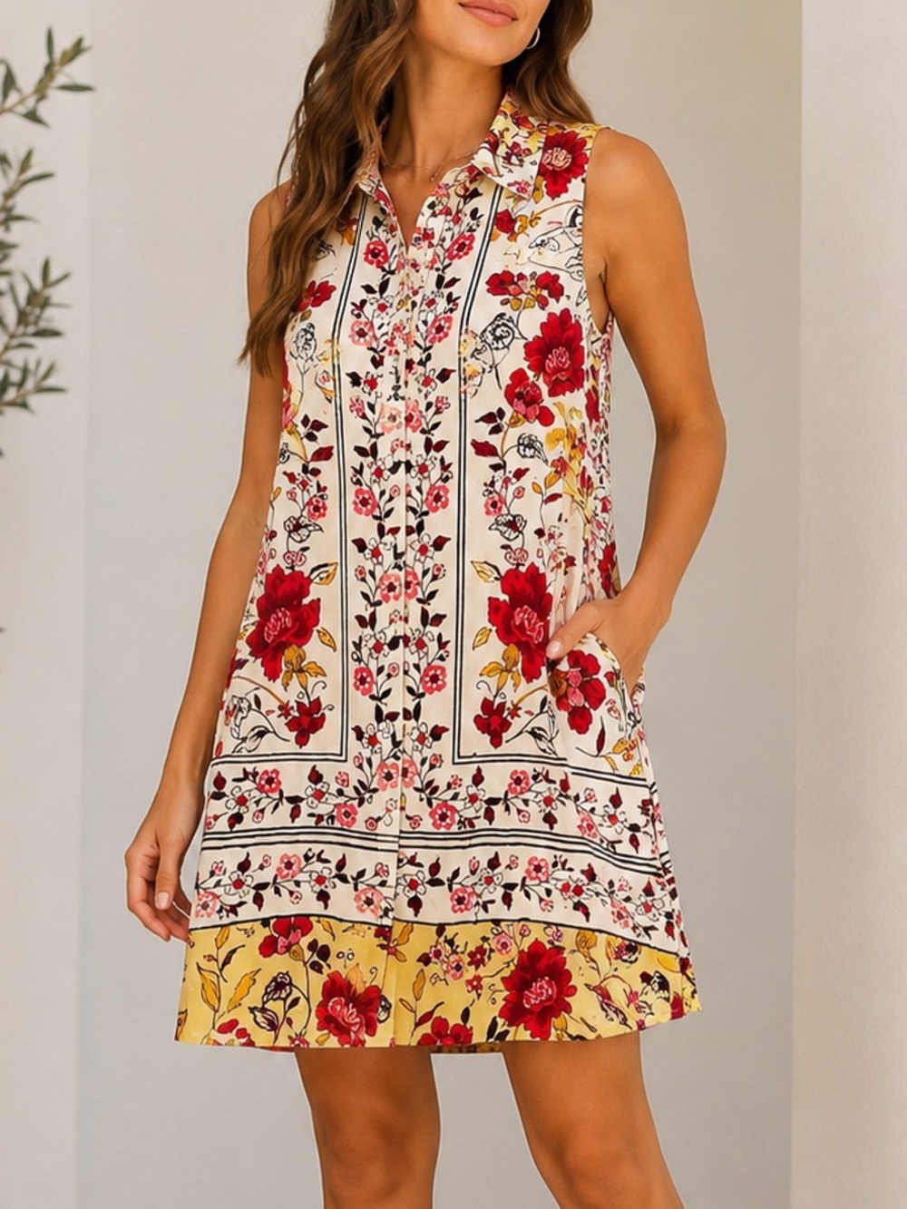 Figueroa & Flower Floral Border Print Sleeveless Shirt Dress XL